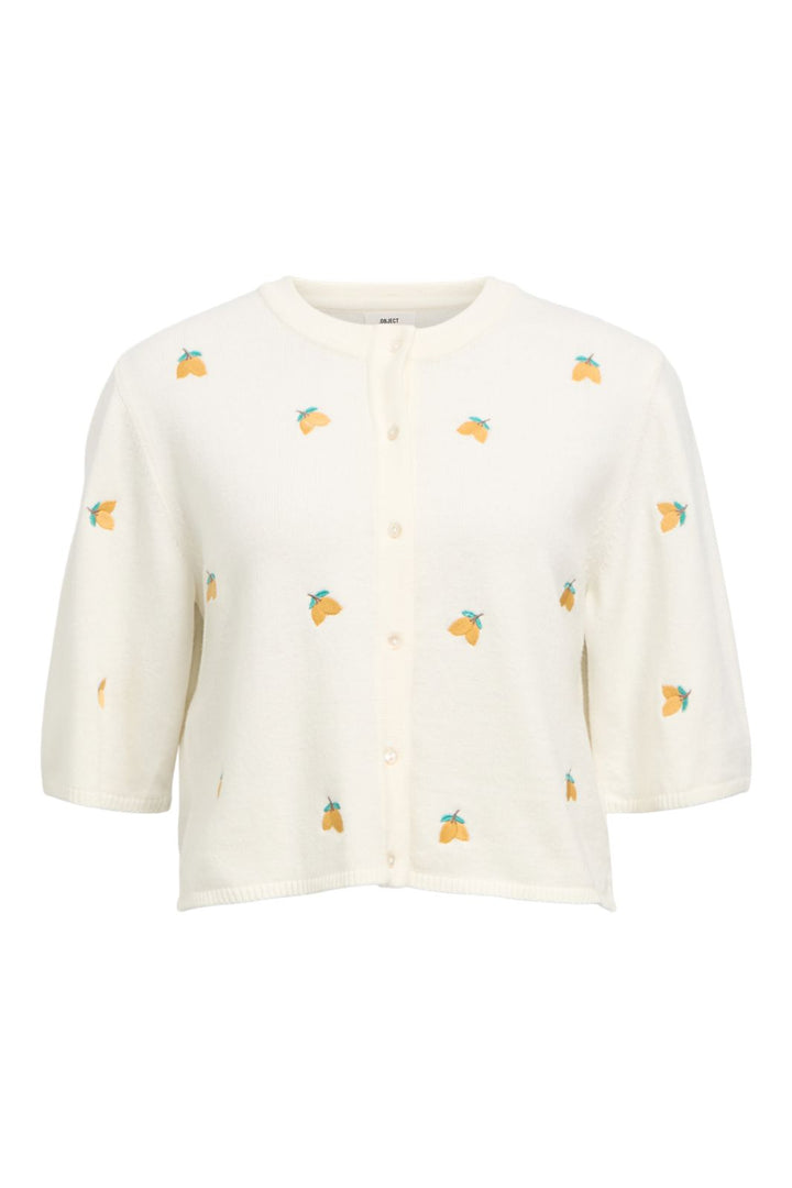 Object - Objthess 3/4 Sleeve Cardigan - 4782493 Cloud Dancer Lemon Embroidery