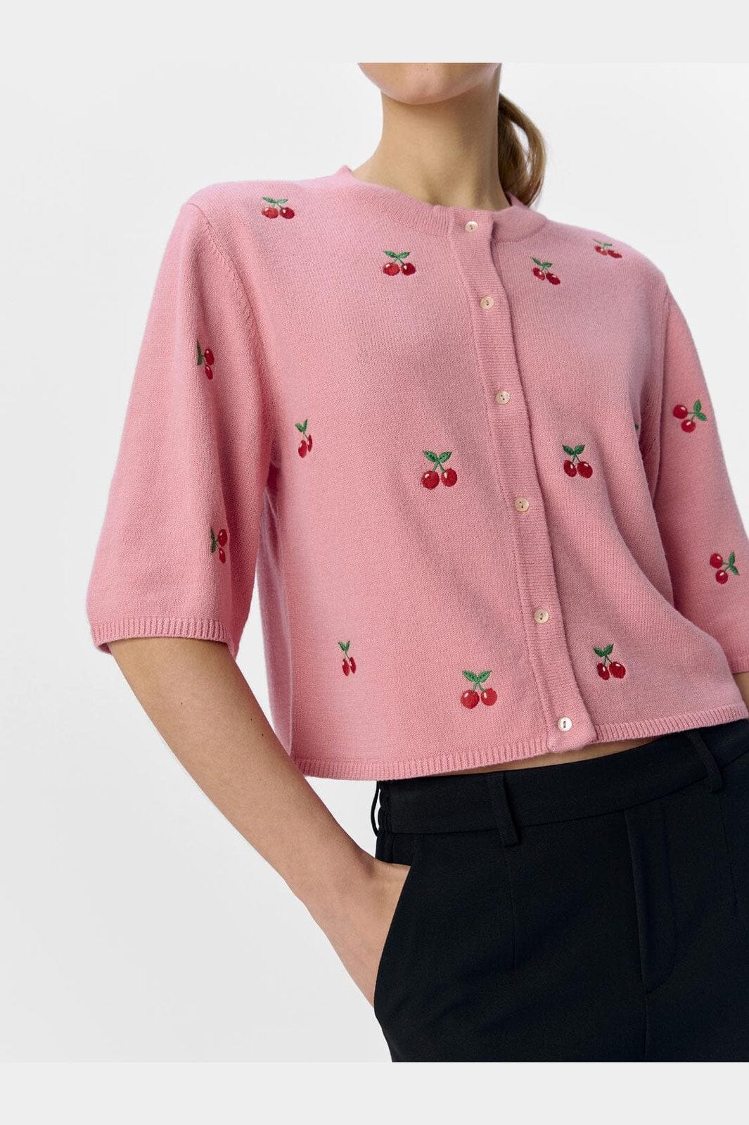 Object - Objthess 3/4 Sleeve Cardigan - 4782513 Rose Elegance Cherry Embroidery
