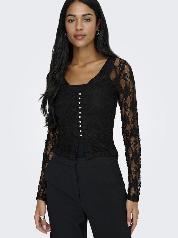 Only - Onlalba L/S V-Neck Lace Top - 4957011 Black Bluser 