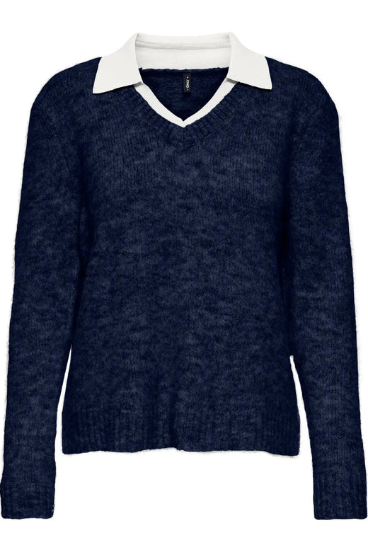 Only - Onlazu Ls Polo Neck Knt - 4959032 Navy Blazer Melange/Cloud Dancer Strikbluser 