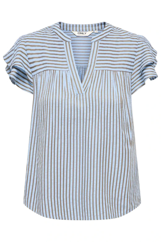 Only - Onlbari Sl Frill V-Neck Top - 5025188 Soft Chambray W. Morel Toppe 