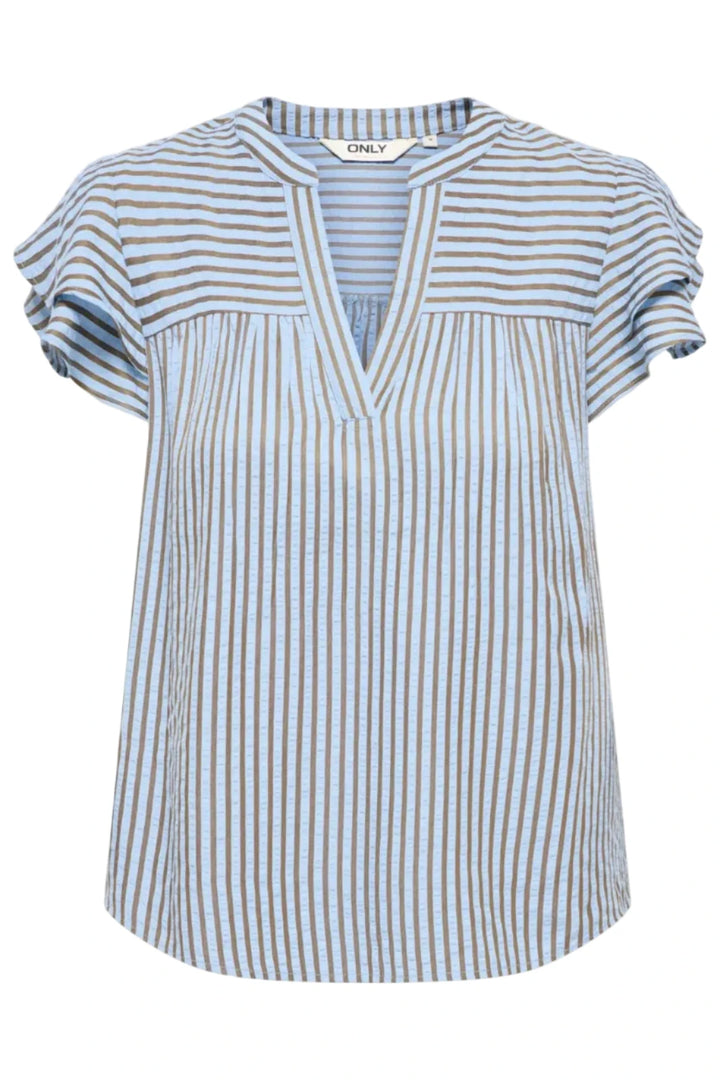 Only - Onlbari Sl Frill V-Neck Top - 5025188 Soft Chambray W. Morel Toppe 