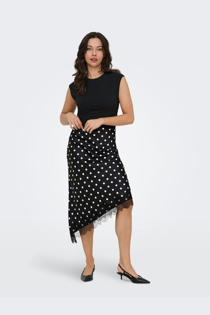 Only - Onlbella Slanted Satin Lace Skirt - 5127225 Black White Dot And Black Lace