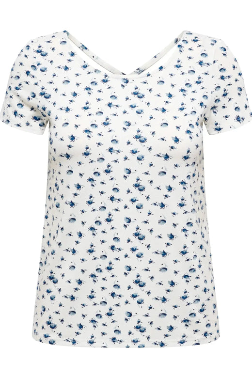 Only - Onlbera Back Lace Up S/S Top - 4967491 Cloud Dancer Tania Blue Flower T-shirts 