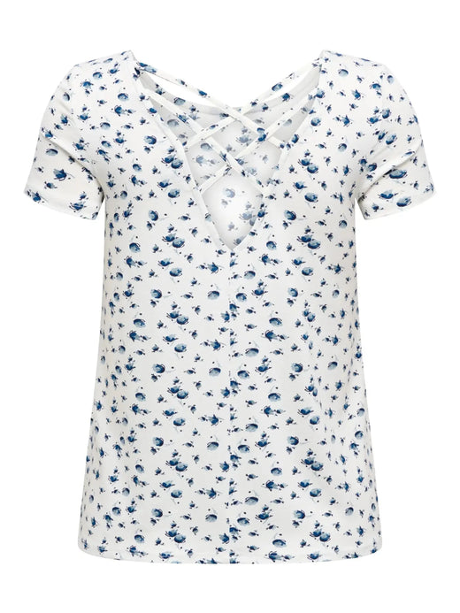 Only - Onlbera Back Lace Up S/S Top - 4967491 Cloud Dancer Tania Blue Flower T-shirts 