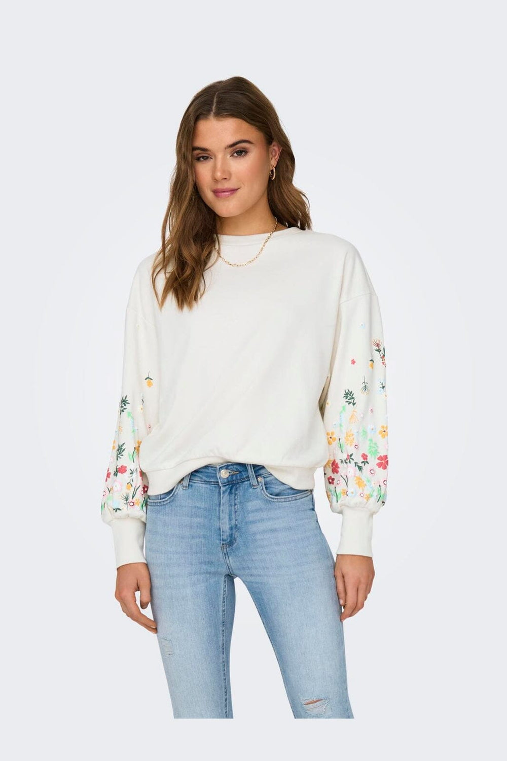 Only - Onlbrooke L/S O-Neck Flower Swt - 4236763 Cloud Dancer Sleeve Flower