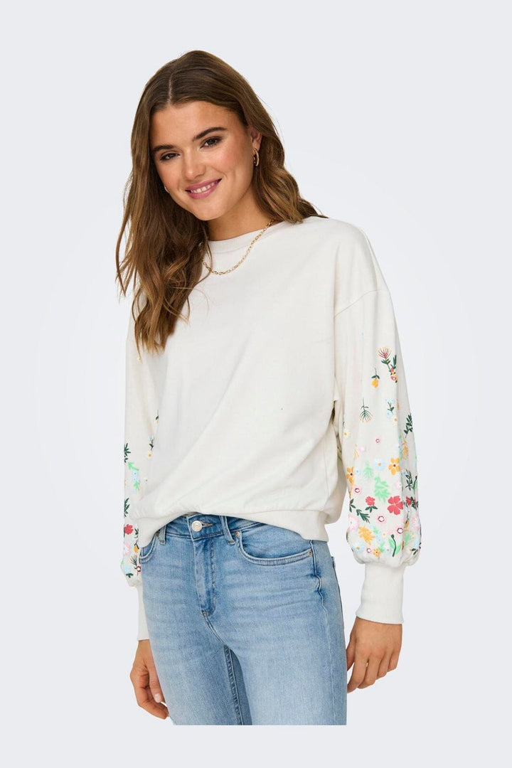Only - Onlbrooke L/S O-Neck Flower Swt - 4236763 Cloud Dancer Sleeve Flower