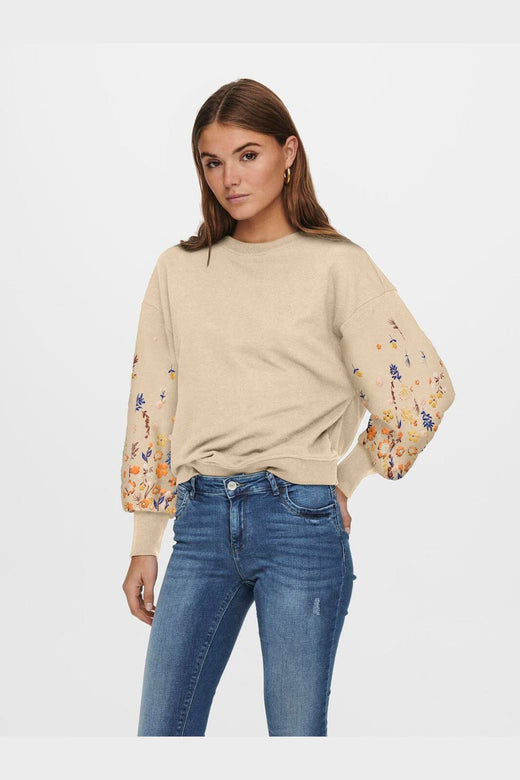 Only - Onlbrooke L/S O-Neck Flower Swt - 4578016 Pale Khaki Sleeve Flower