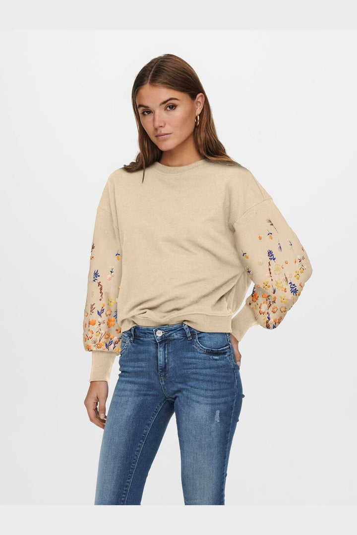 Only - Onlbrooke L/S O-Neck Flower Swt - 4578016 Pale Khaki Sleeve Flower
