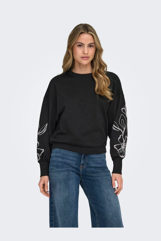 Only - Onlbrooke L/S O-Neck Flower Swt - 4989287 Black Magnolia Flower Sleeve Puff