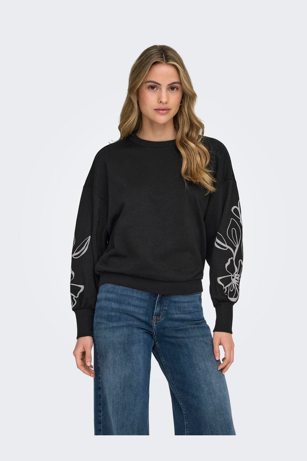 Only - Onlbrooke L/S O-Neck Flower Swt - 4989287 Black Magnolia Flower Sleeve Puff