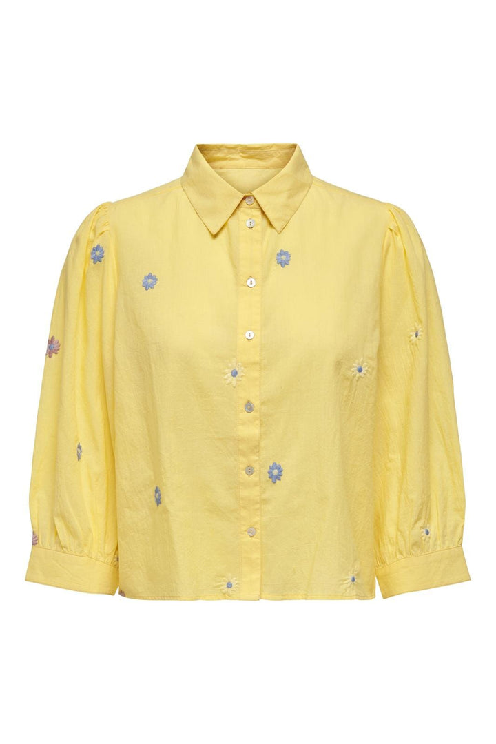 Only - Onlcandy 34 Cropped Shirt - 3990607 Bright White Emb Cashmere Blue / Creme Gold