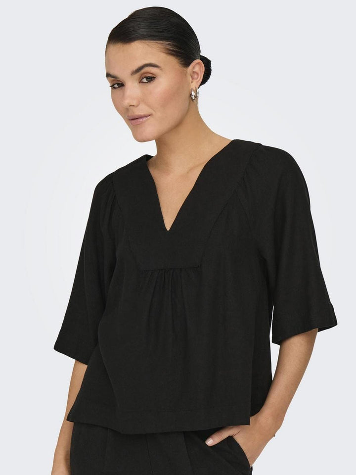 Only - Onlcaro 2/4 V-Neck Linen Bl Top Cc - 4726720 Black