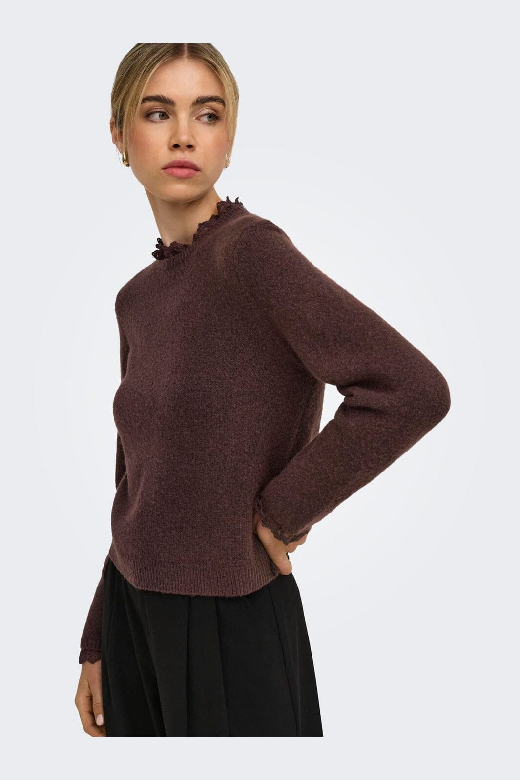 Only - Onlcher Ls Detail O-Neck Knt - 5056973 Deep Mahogany Mel/Dtm Lace