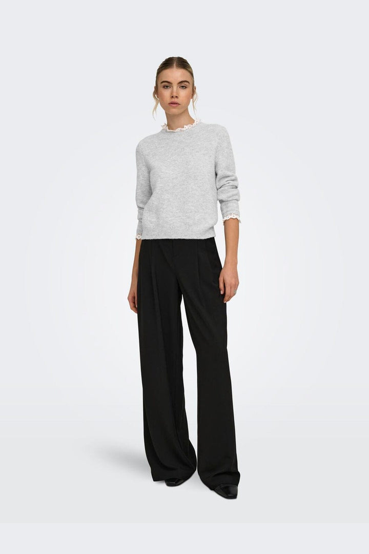 Only - Onlcher Ls Detail O-Neck Knt - 5062095 Light Grey Melange Cloud Dancer Lace