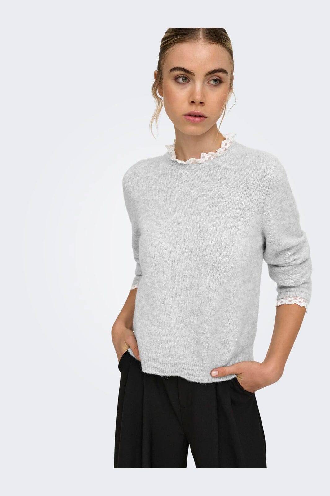 Only - Onlcher Ls Detail O-Neck Knt - 5062095 Light Grey Melange Cloud Dancer Lace