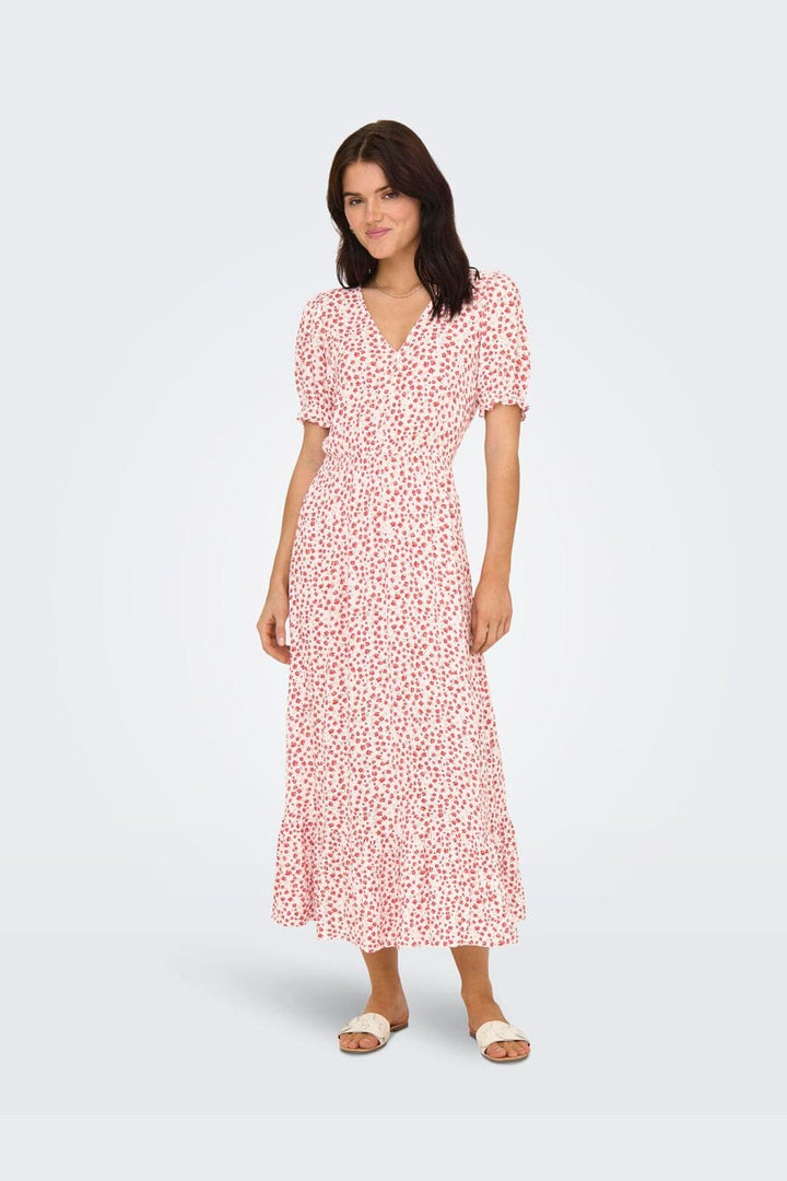 Only - Onlchianti S/S Long Dress - 4792683 Cloud Dancer Red Lucy Flower