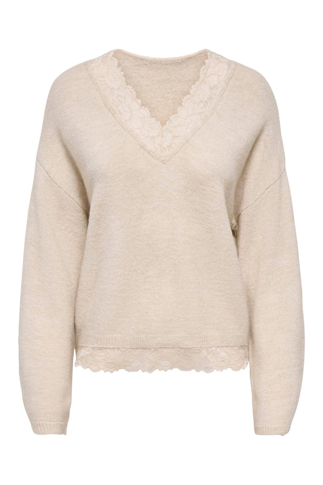 Only - Onlclover Ls Lace V-Neck Reversible Knt - 5149081 Pumice Stone Melange/Dtm Lace