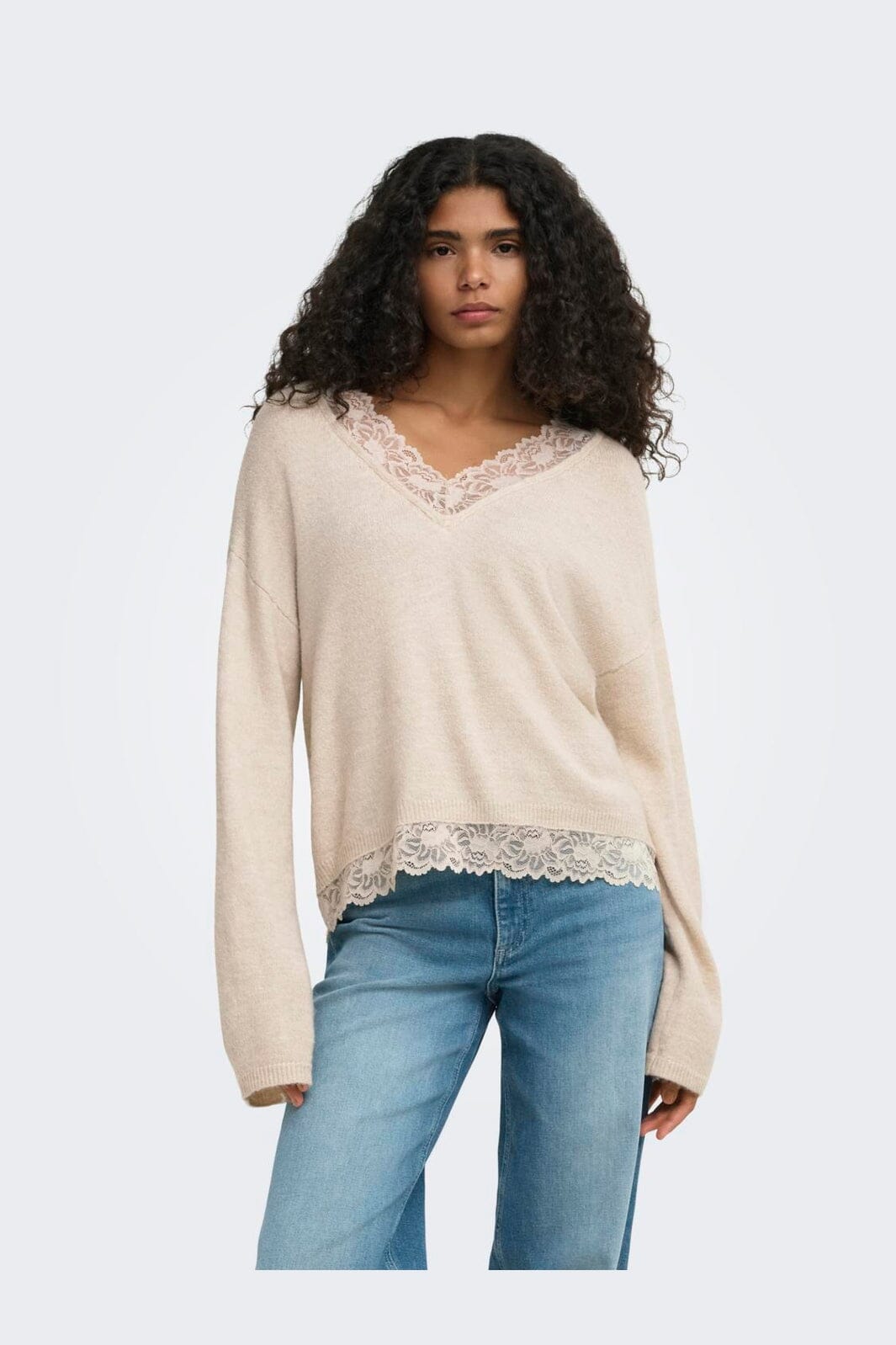 Only - Onlclover Ls Lace V-Neck Reversible Knt - 5149081 Pumice Stone Melange/Dtm Lace