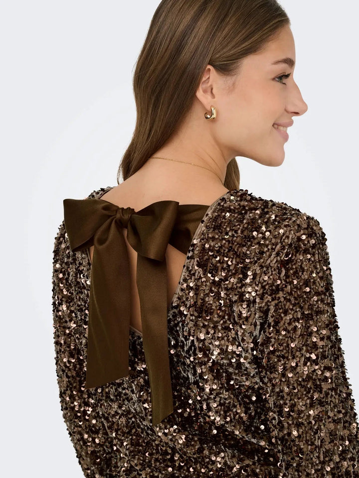 Only - Onlconfidence L/S Sequin Bow Top - 4877640 Mountain Trail Mountain Trail Sequins+Mountain Trail Bow Bluser 