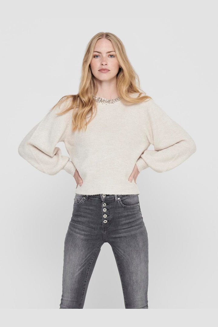 Only - Onlelsa L/S Pullover Knt - 3493207 Pumice Stone W. White Melange