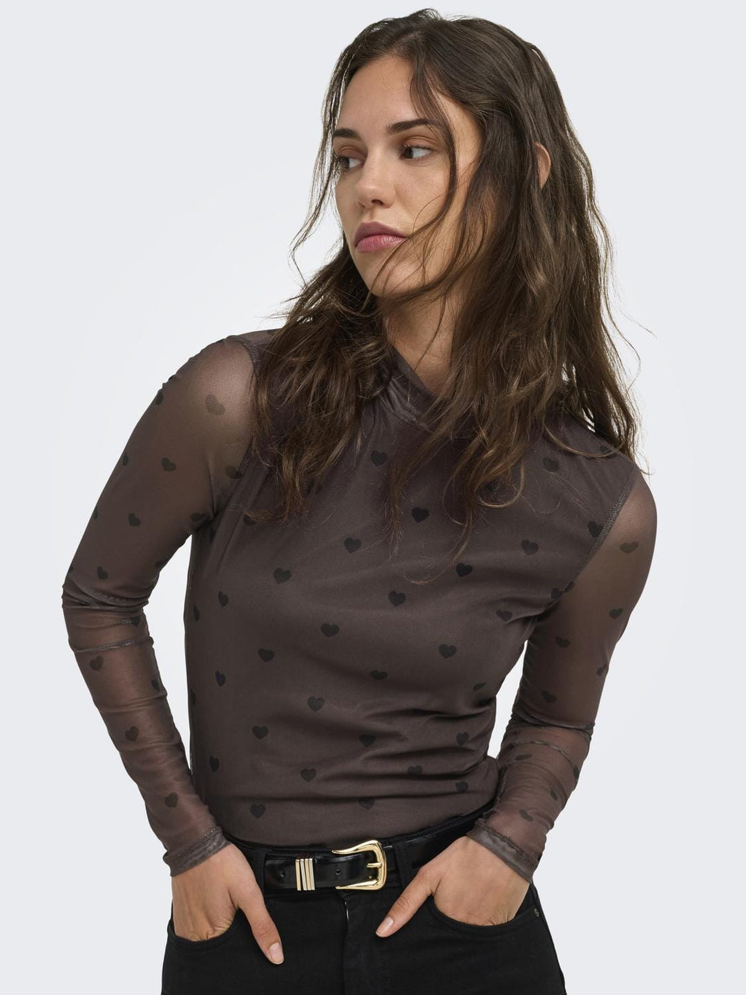 Only - Onlerica Mesh L/S Top - 5099597 Coffee Bean Black Heart T-shirts 