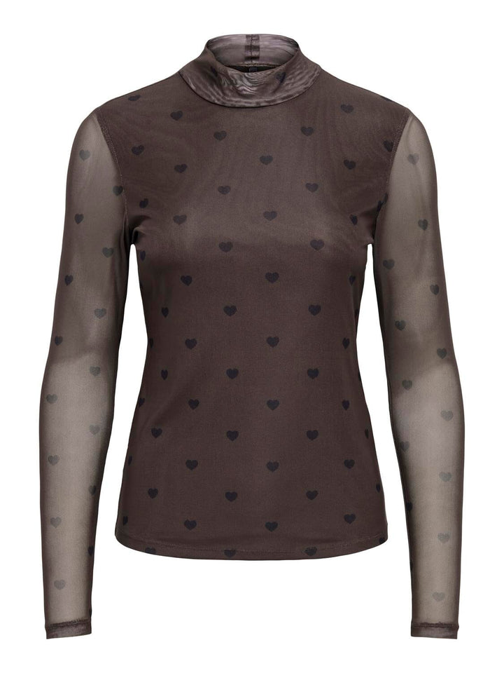 Only - Onlerica Mesh L/S Top - 5099597 Coffee Bean Black Heart T-shirts 