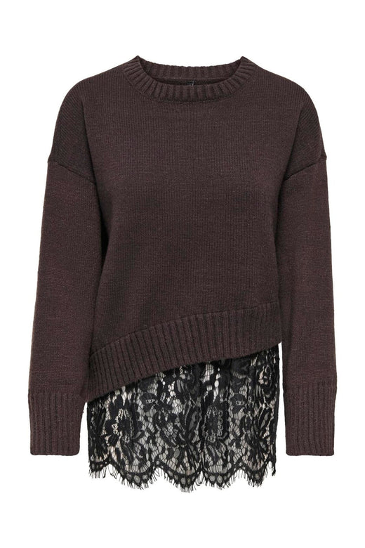 Only - Onlevie Ls Lace Mix O-Neck Knt - 5128826 Coffee Bean Black Lace