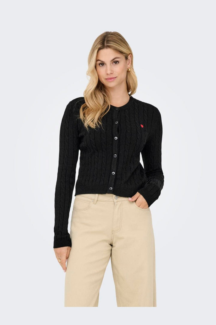 Only - Onlkatia Ls Cable Button Cardigan Cc Knt - 4959313 Black True Red Heart Emb/Dtm Button