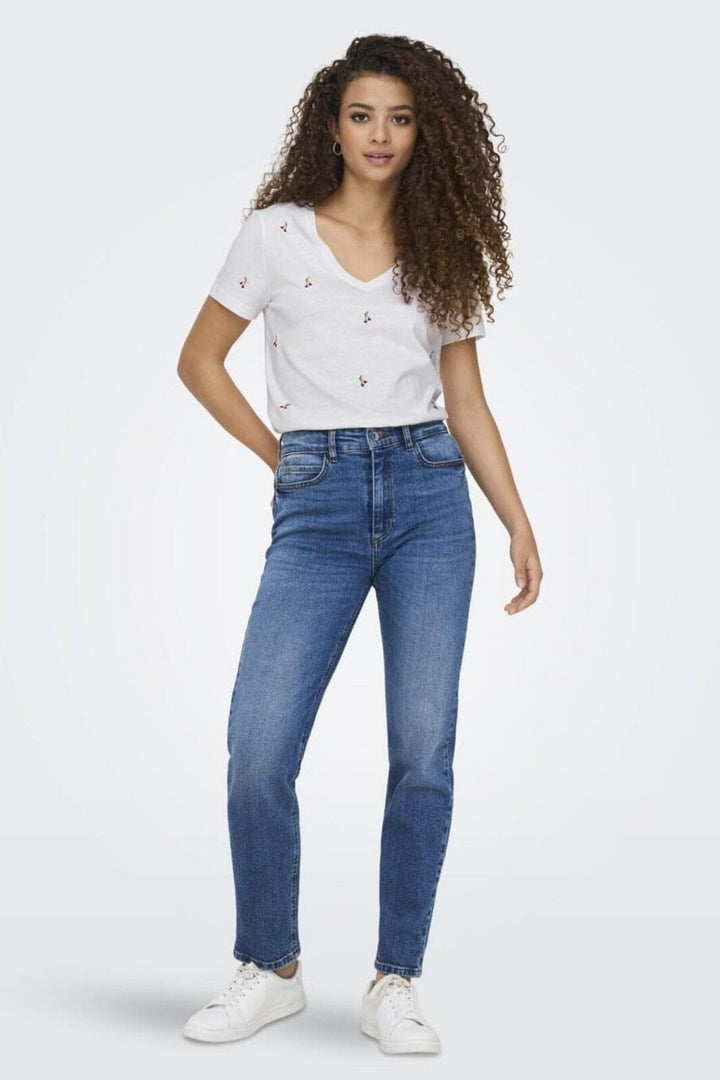 Only - Onlketty Life S/S V-Neck Top Box - 4690311 Bright White Cherries