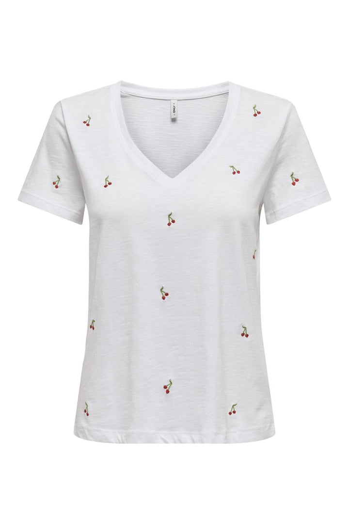 Only - Onlketty Life S/S V-Neck Top Box - 4690311 Bright White Cherries