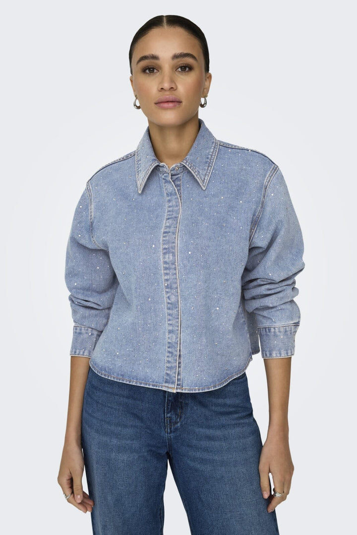 Only - Onlmaggiemay L/S Rhinest Shirt - 4849399 Light Blue Denim