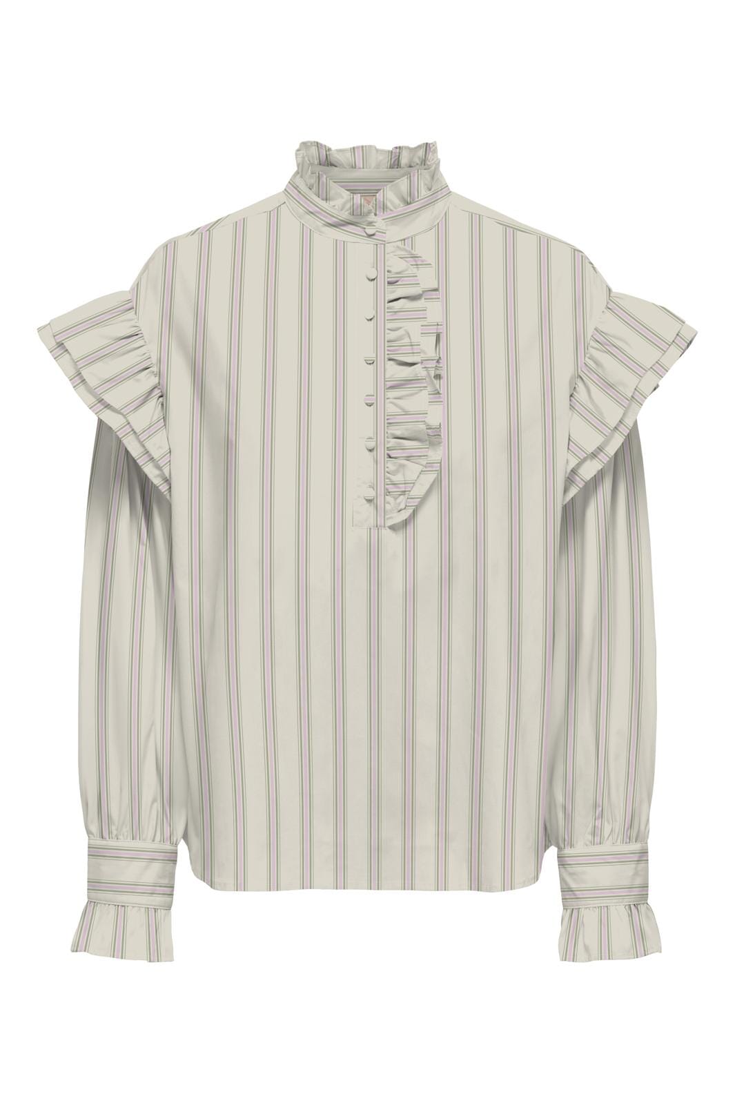 Only - Onlmalou Ls Frill Stripe Top - 4512669 Bone White Pink Lady + Hedge Green