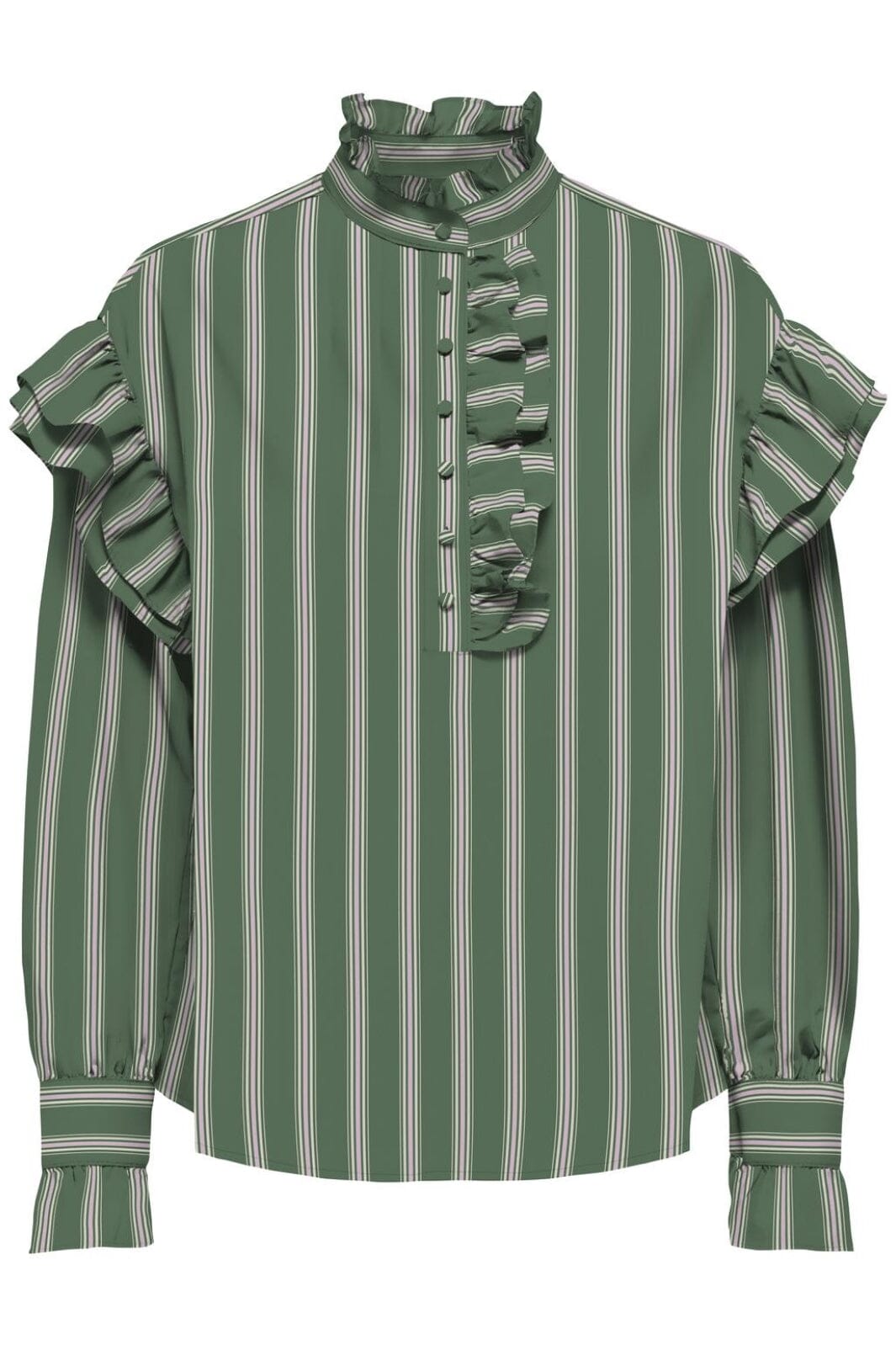 Only - Onlmalou Ls Frill Stripe Top - 4541195 Hedge Green Pink Lady + Bone White Bluser 