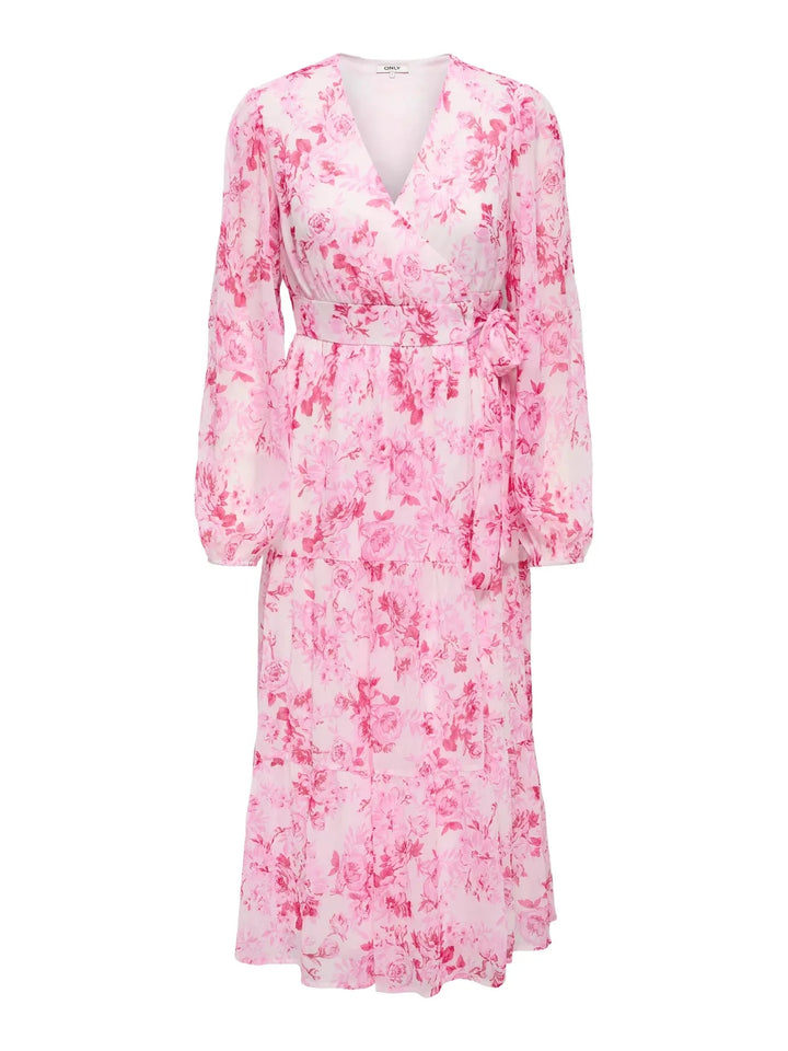 Only - Onlmiriam Ls Wrap Midi Dress - 5018335 Pink Marshmallow Porcelain Flowers Kjoler 