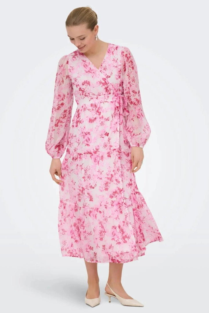 Only - Onlmiriam Ls Wrap Midi Dress - 5018335 Pink Marshmallow Porcelain Flowers Kjoler 