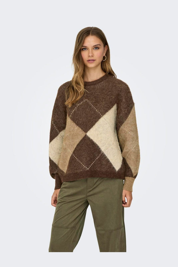 Only - Onlnoeme Life Ls Jq O-Neck Nca Knt - 4894899 Chestnut Cocoa Creme/Biscotti/Melange/Argyle