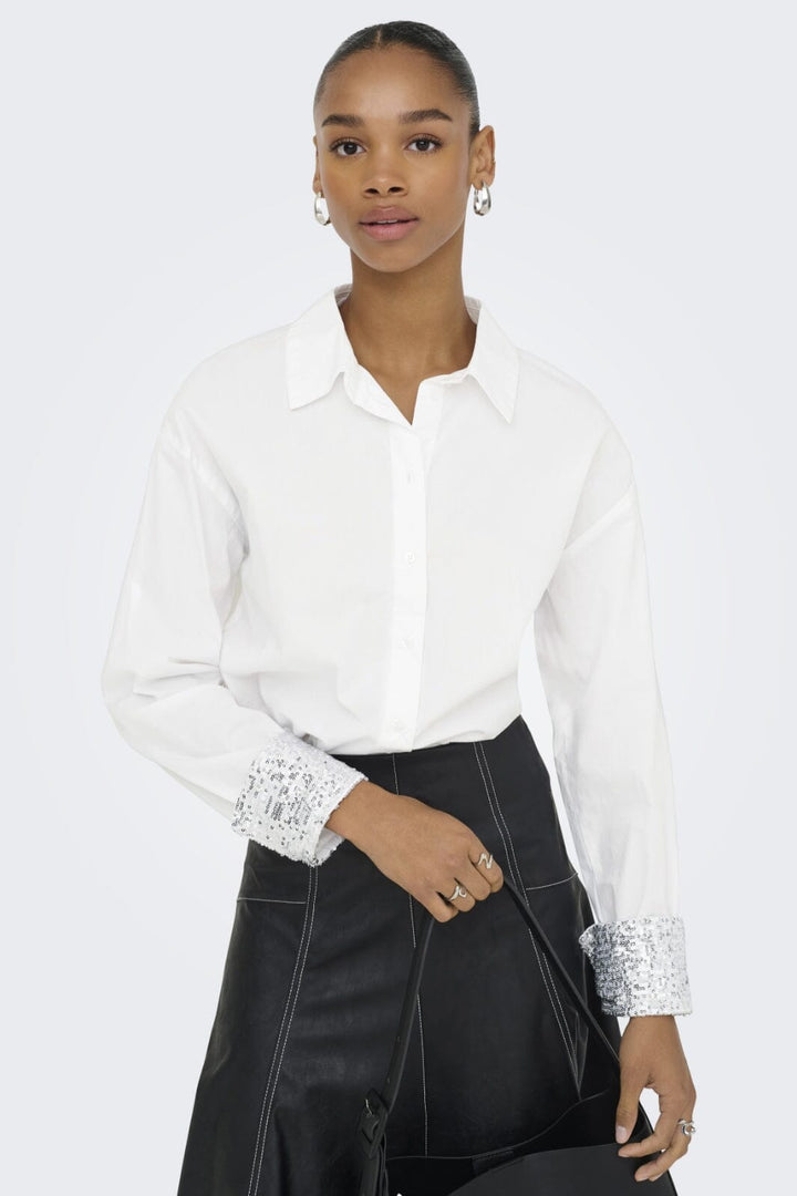 Only - Onlpanama Ls Sequines Mix Shirt - 4841579 Bright White Skjorter 