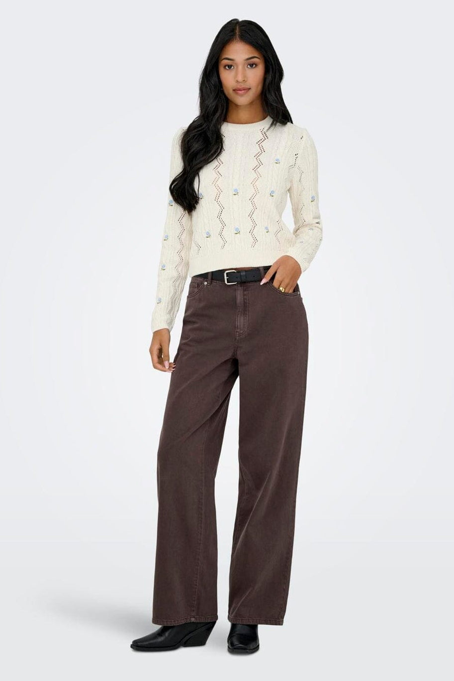 Only - Onlrita Life Ls Embr Cable Knt - 4862606 Ecru Cashmere Blue Flower