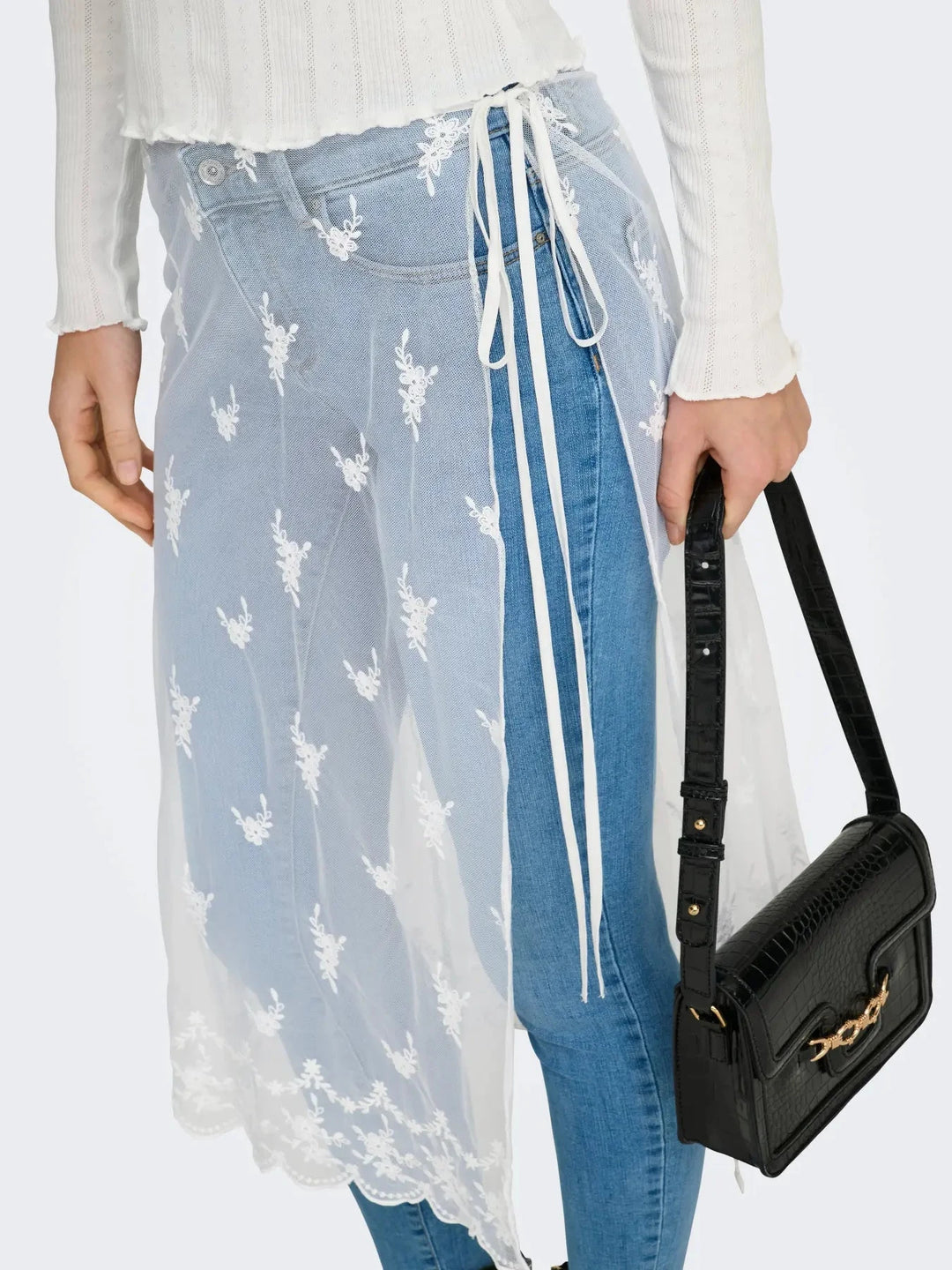 Only - Onlsafea Midi Mesh Lace Tie Skirt - 4987619 Bright White Nederdele 