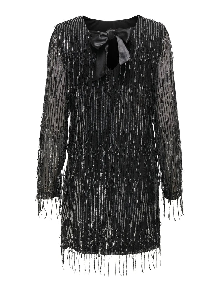 Only - Onlspacy Ls Sequins Bow Dress - 4877201 Black W. Silver Sequins Kjoler 