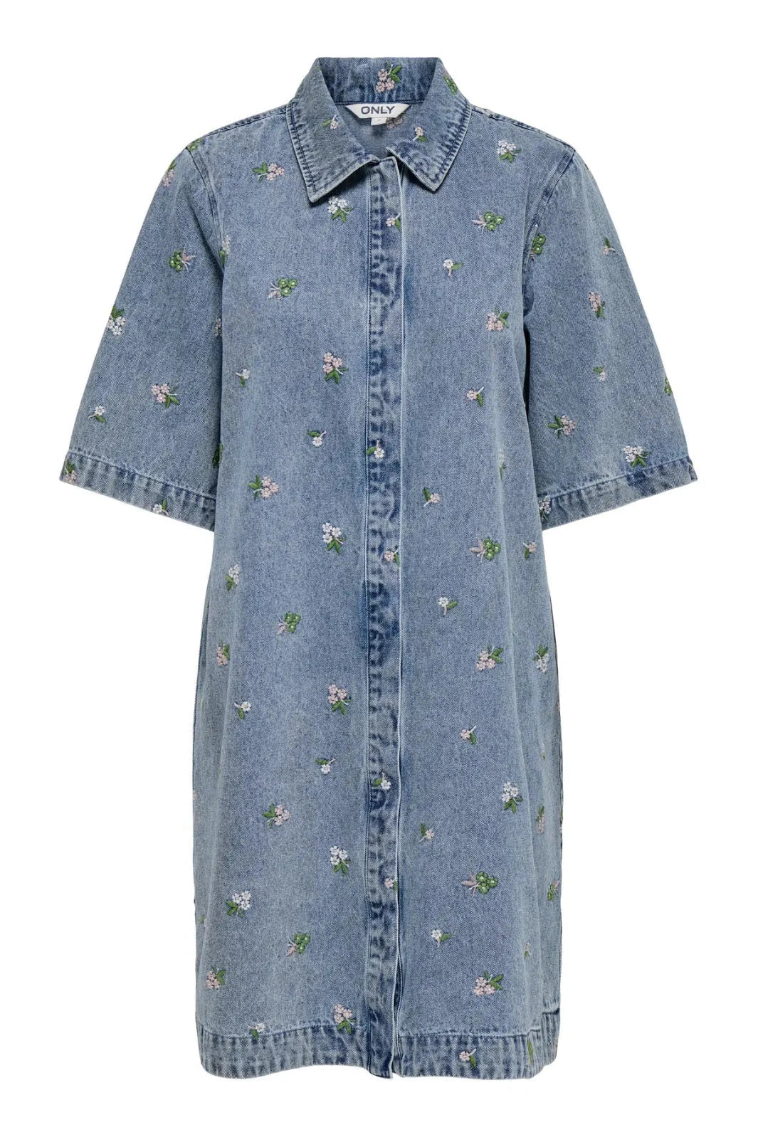 Only - Onlvera-Belle S/S Flower Dress Yor - 5008912 Light Blue Denim Flower Emb Kjoler 