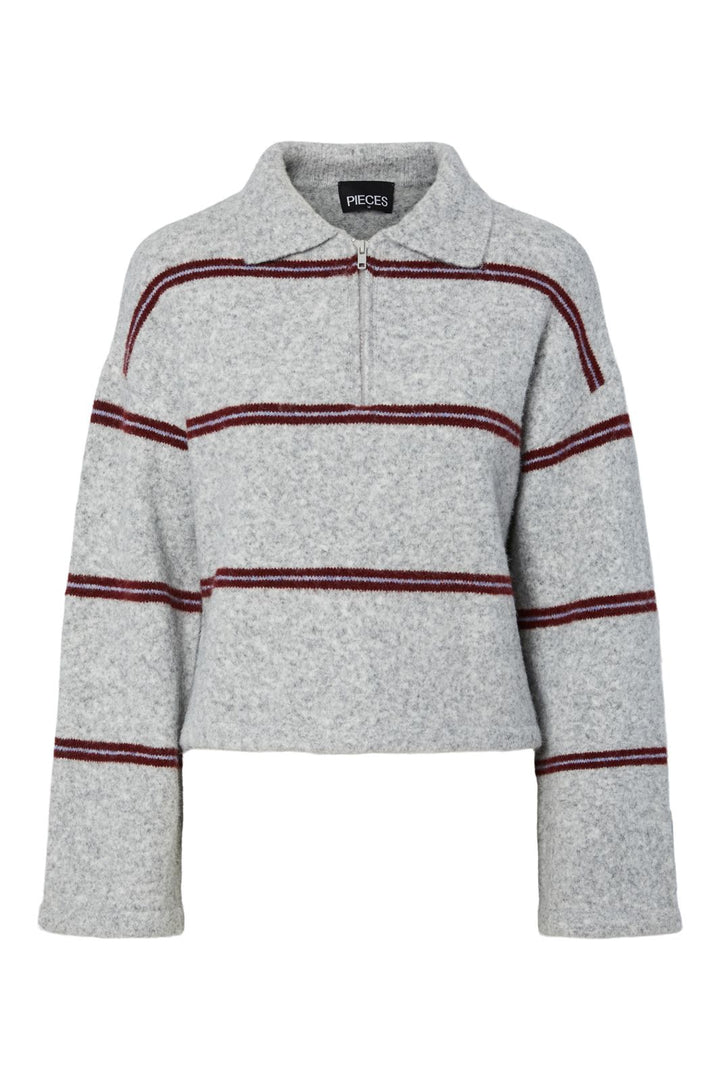 Pieces - Pcalima Ls Zip Polo Knit - 4956417 Light Grey Melange Port Royale