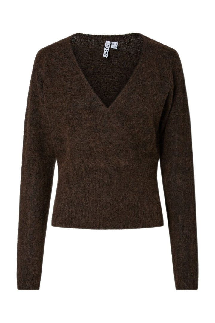 Pieces - Pcallie Ls V-Neck Wrap Knit Mwa - 5148069 Hot Fudge Melange