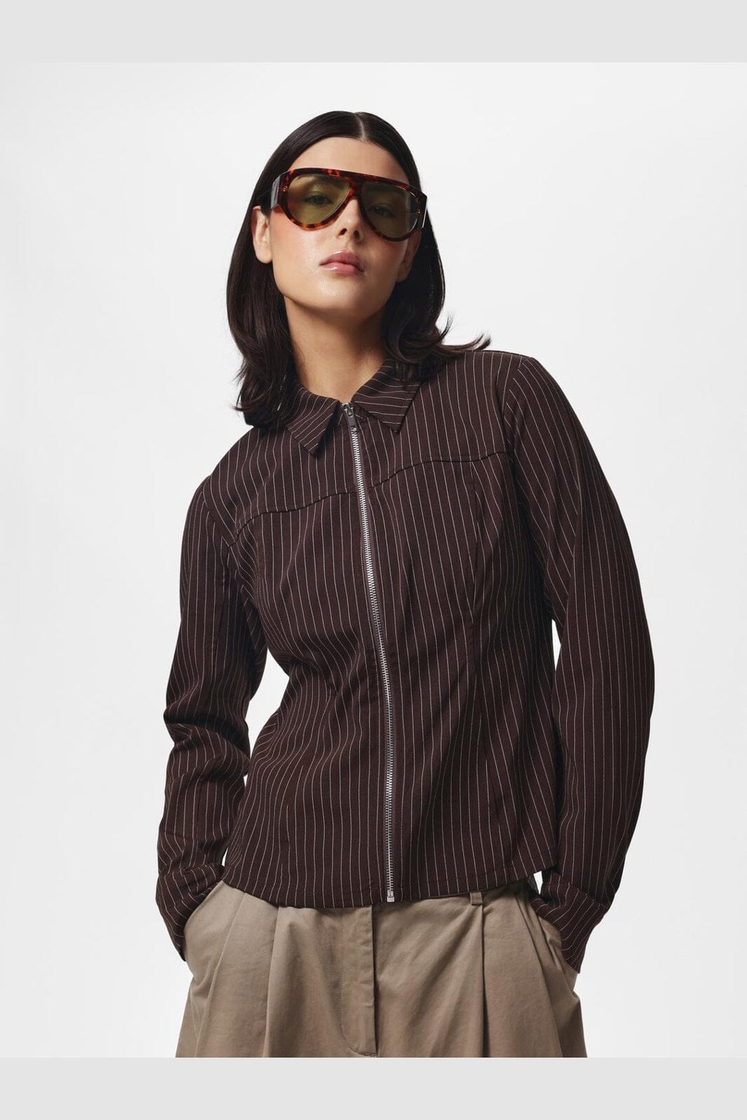 Pieces - Pcanja Ls Zip Shirt - 5200653 Delicioso Pinstripes