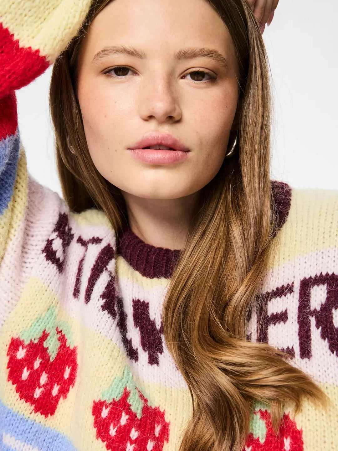 Pieces - Pcbikka Ls O-Neck Knit - 4949295 French Vanilla Multicolor Statements Strikbluser 