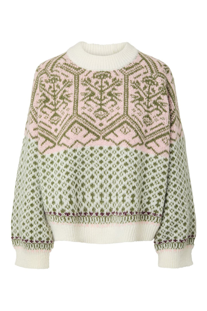 Pieces - Pcellin Ls O-Neck Knit - 5132256 Cloud Dancer W. Sphagnum + Pale Rosette