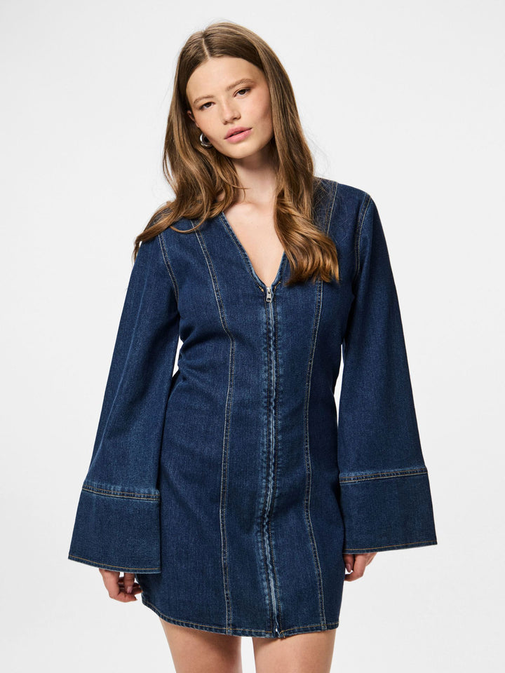 Pieces - Pcflora Ls Denim Dress - 4965162 Dark Blue Denim Kjoler 
