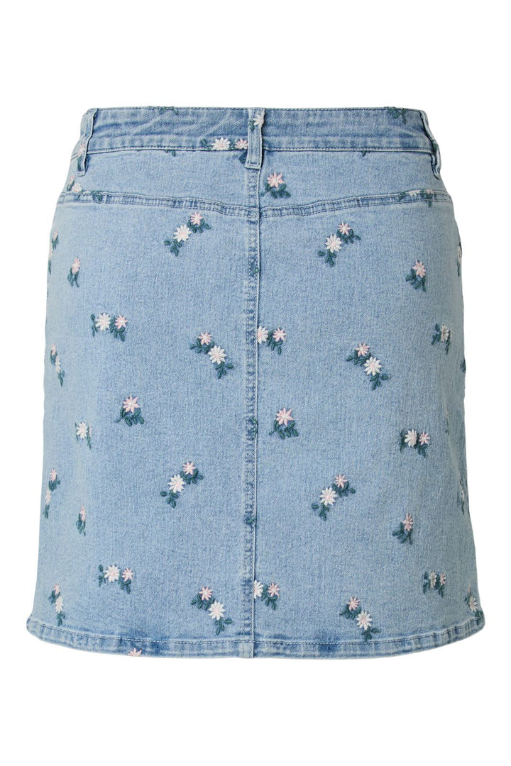 Pieces - Pcflora Short Denim Emb Skirt - 5068175 Light Blue Denim Pink Flower Embroidery