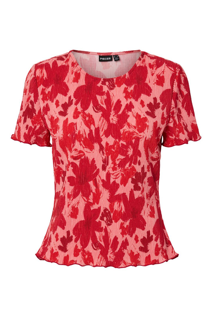 Pieces - Pcflora Ss O-Neck Top Msa - 4963675 Adrenaline Rush Red Tone Flowers